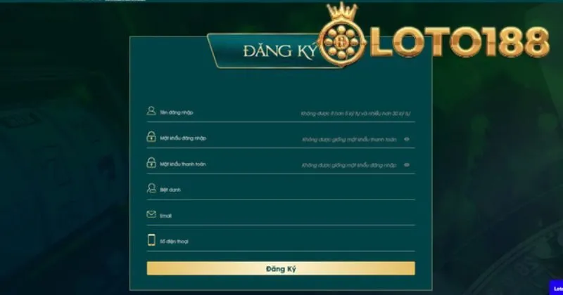 Giao diện đăng ký Loto188 