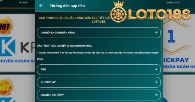 Giao diện nạp tiền Loto188