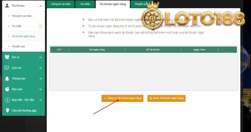 Giao diện rút tiền Loto188 